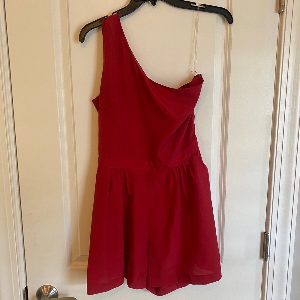 Red one shoulder romper with pockets